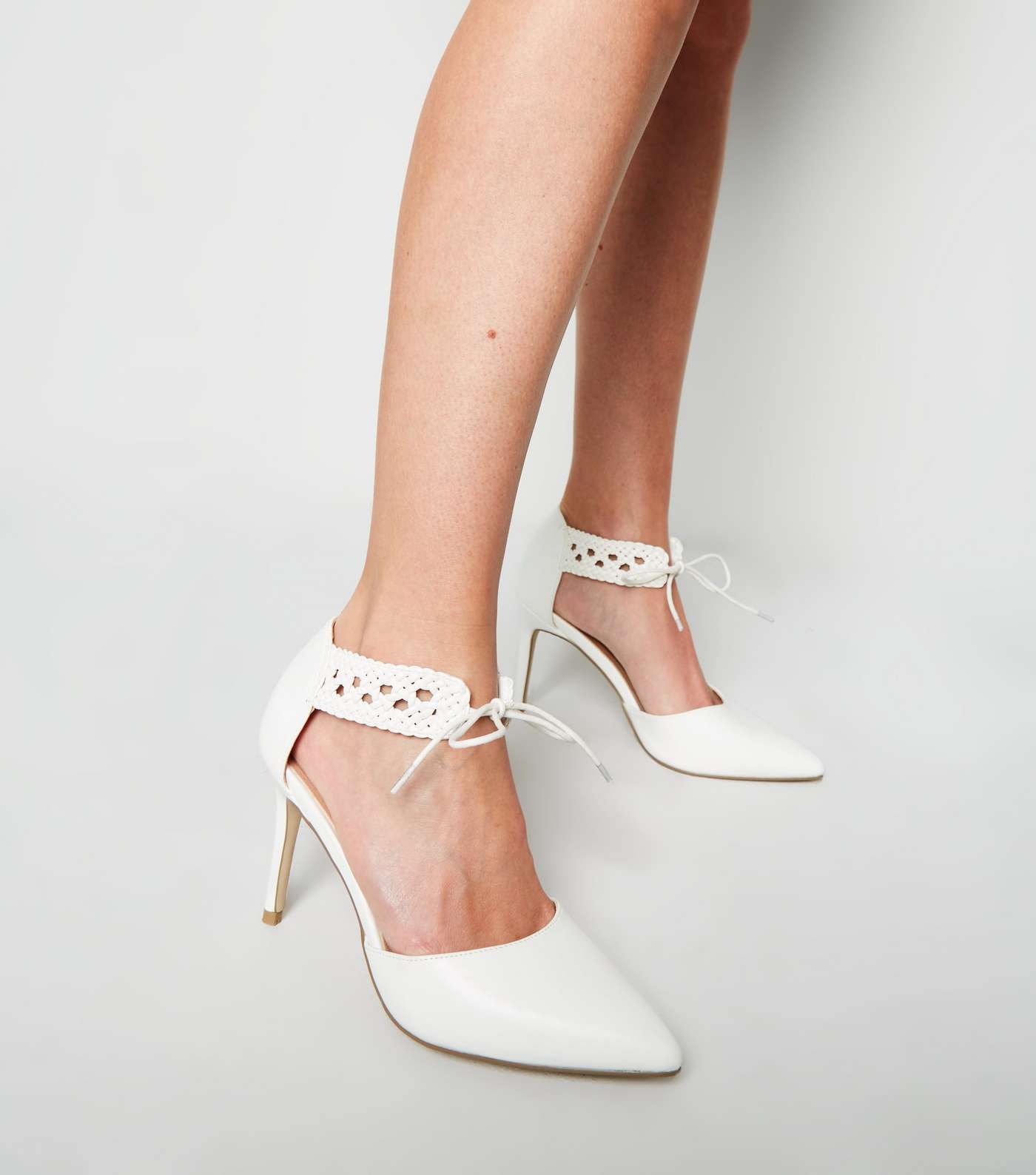 White Leather-Look Woven Strap Court Shoes Image 2