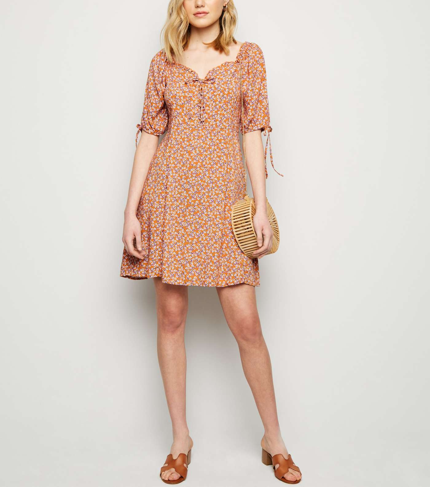 Orange Ditsy Floral Lace Up Milkmaid Dress