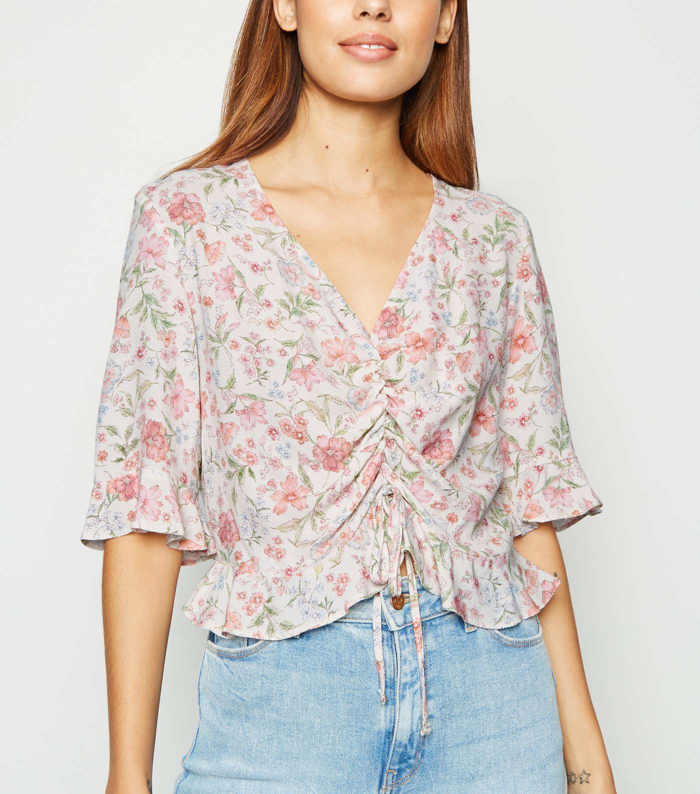 White Floral Ruched Frill Top