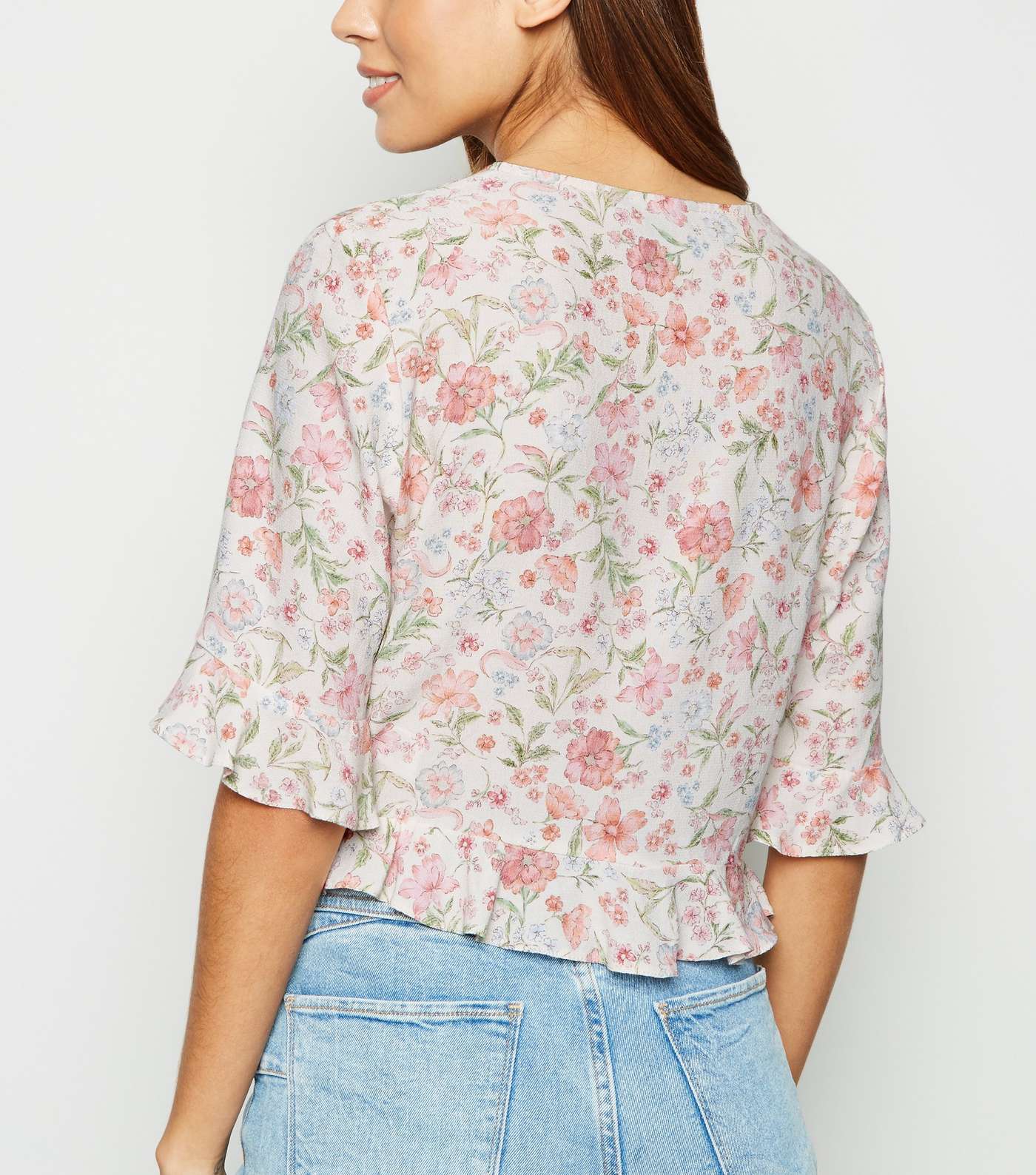 White Floral Ruched Frill Top Image 3