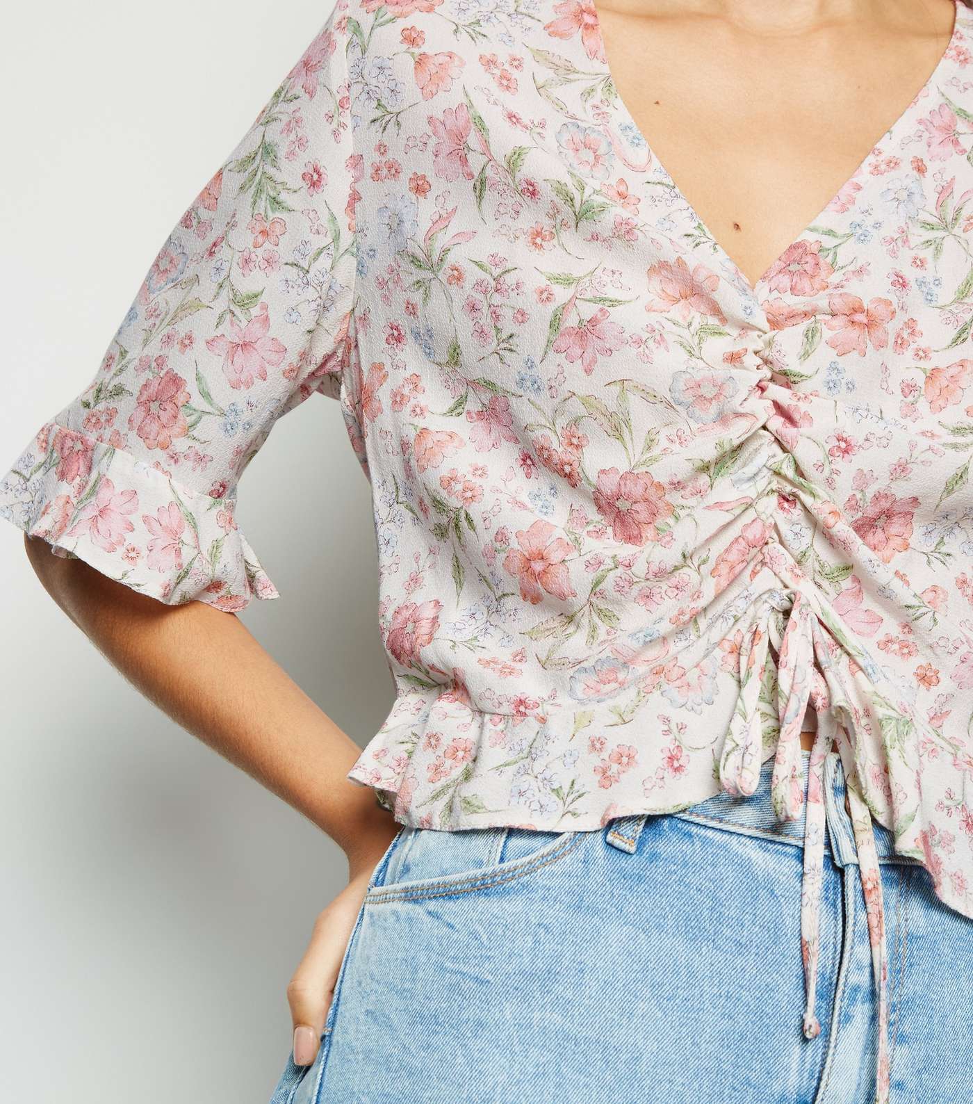 White Floral Ruched Frill Top Image 5