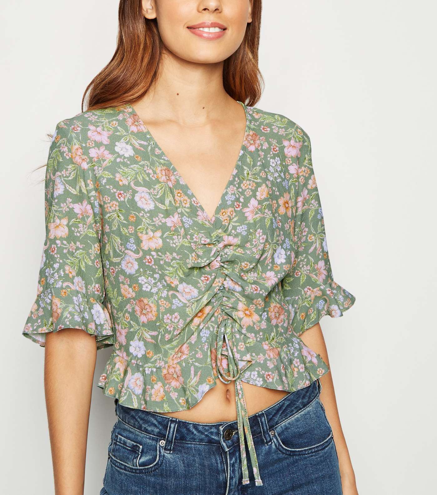 Green Floral Ruched Frill Top