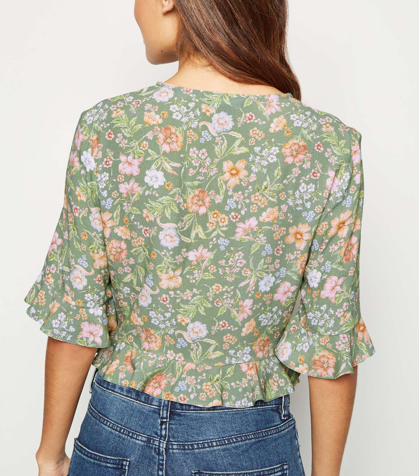 Green Floral Ruched Frill Top Image 3