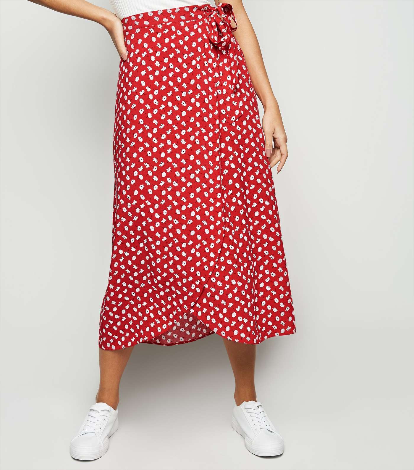 Red Ditsy Floral Wrap Midi Skirt Image 2