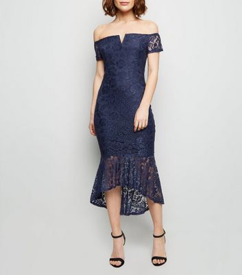 navy and silver lace dip hem dress