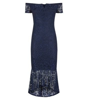 Image of AX Paris Navy Lace Dip Hem Bardot Bodycon Dress New Look