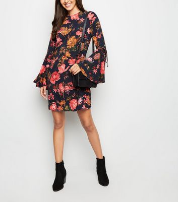 AX Paris Navy Floral Bell Sleeve Dress New Look