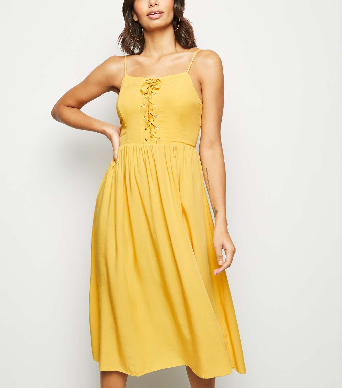 Yellow Strappy Lace Up Midi Dress