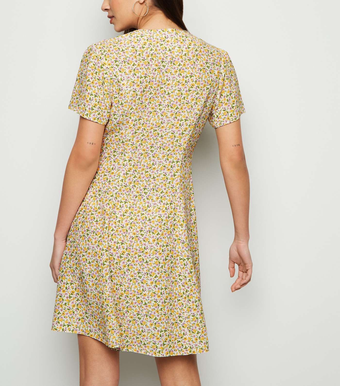 White Ditsy Floral Button Front Tea Dress Image 3