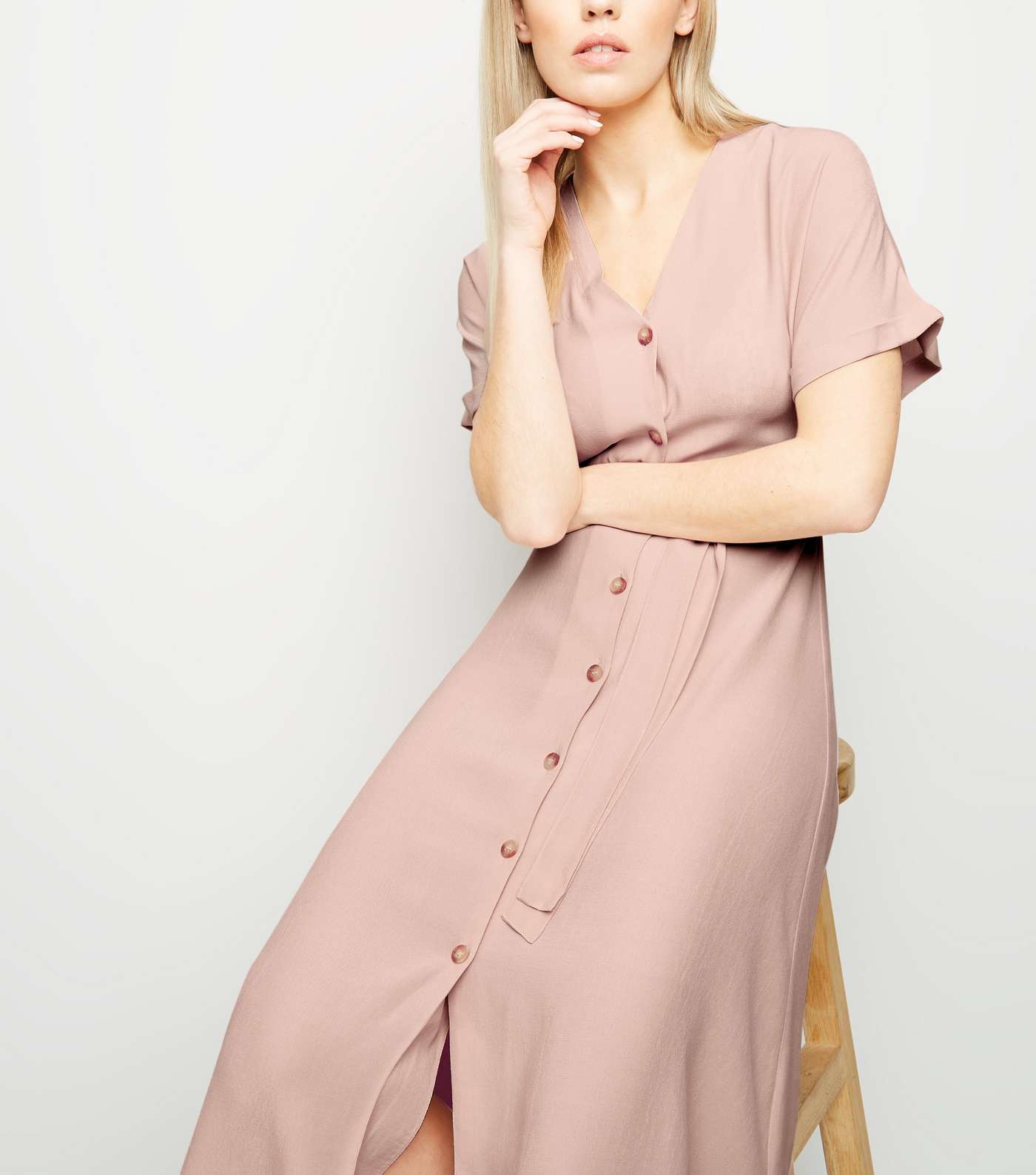 Pink Button Up Tie Waist Midi Dress Image 3