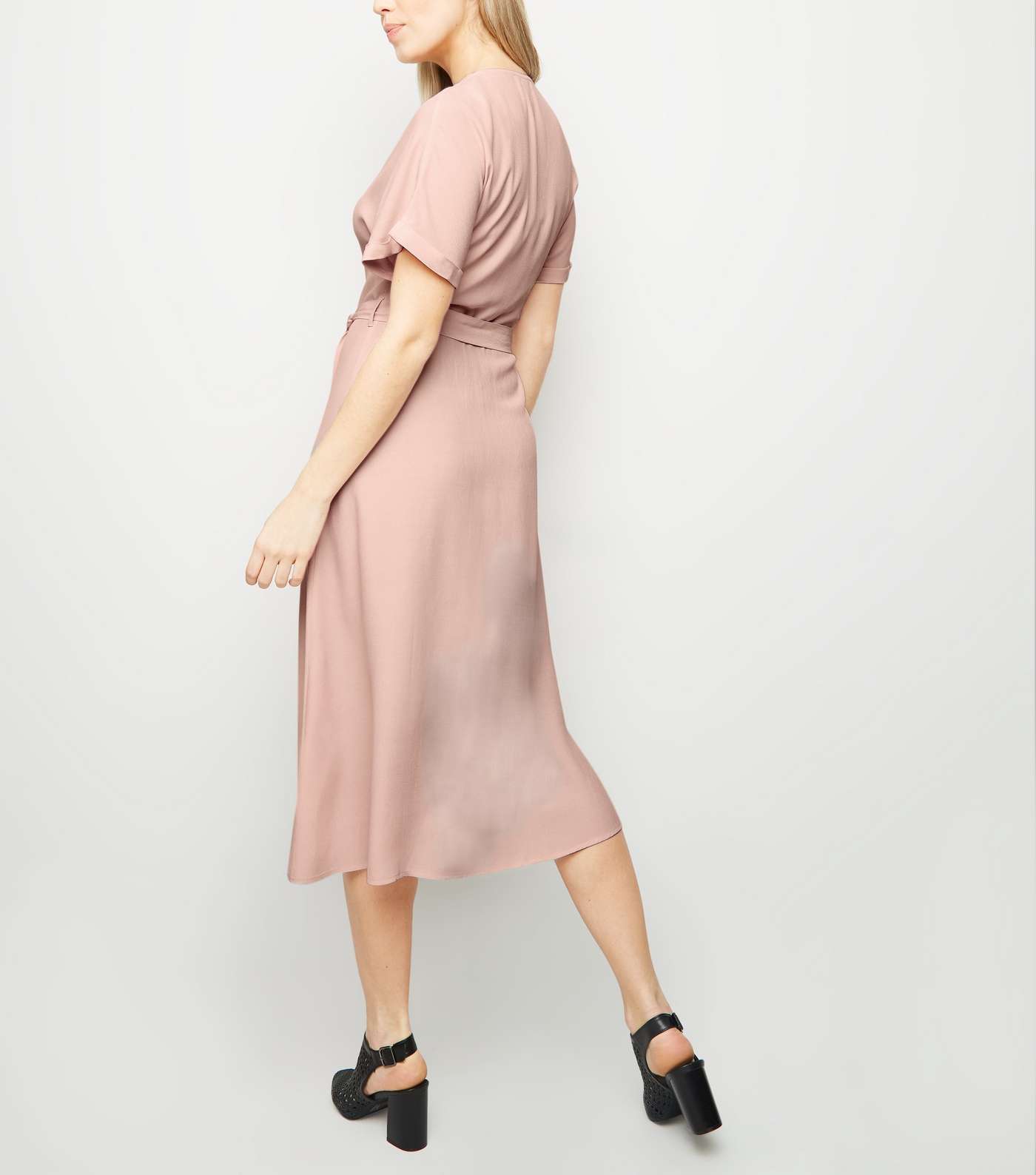 Pink Button Up Tie Waist Midi Dress Image 5