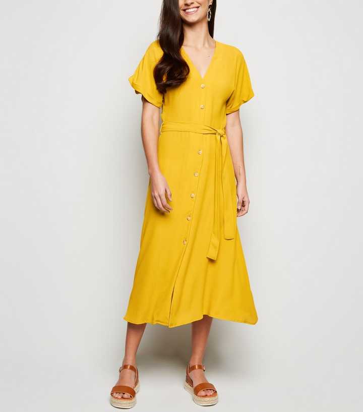 Mustard Button Up Tie Waist Midi Dress