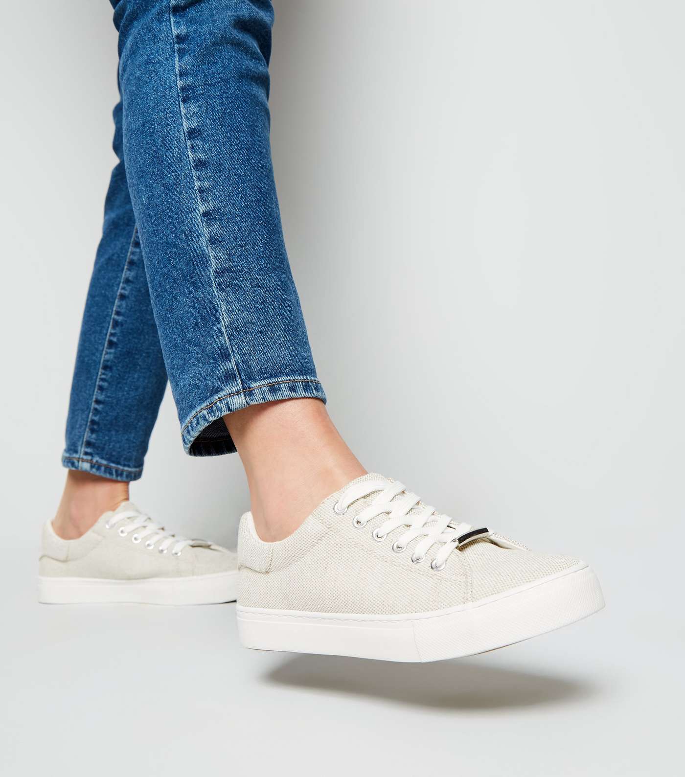 Off White Woven Canvas Lace-up Trainers Image 2