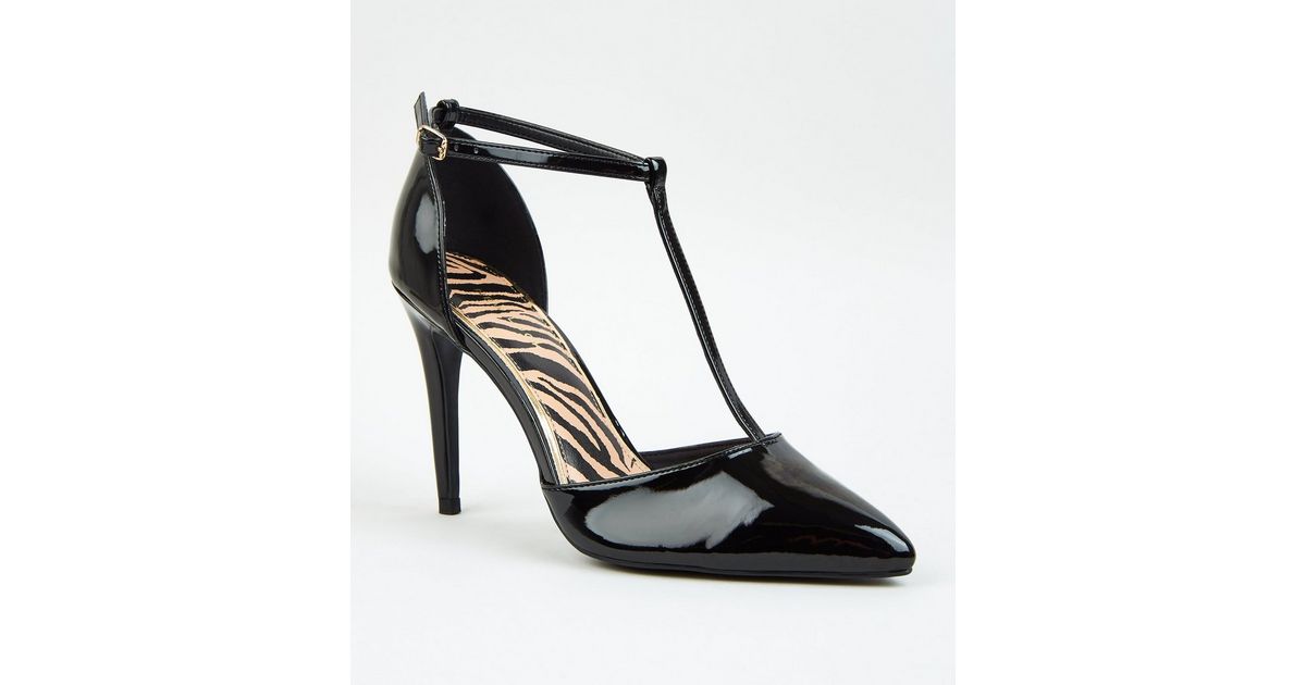 Black Patent T-Bar Pointed Court Shoes | New Look