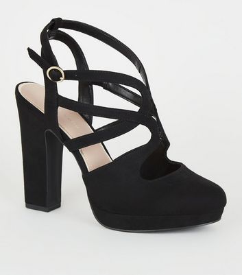 black suedette strappy platform block heels