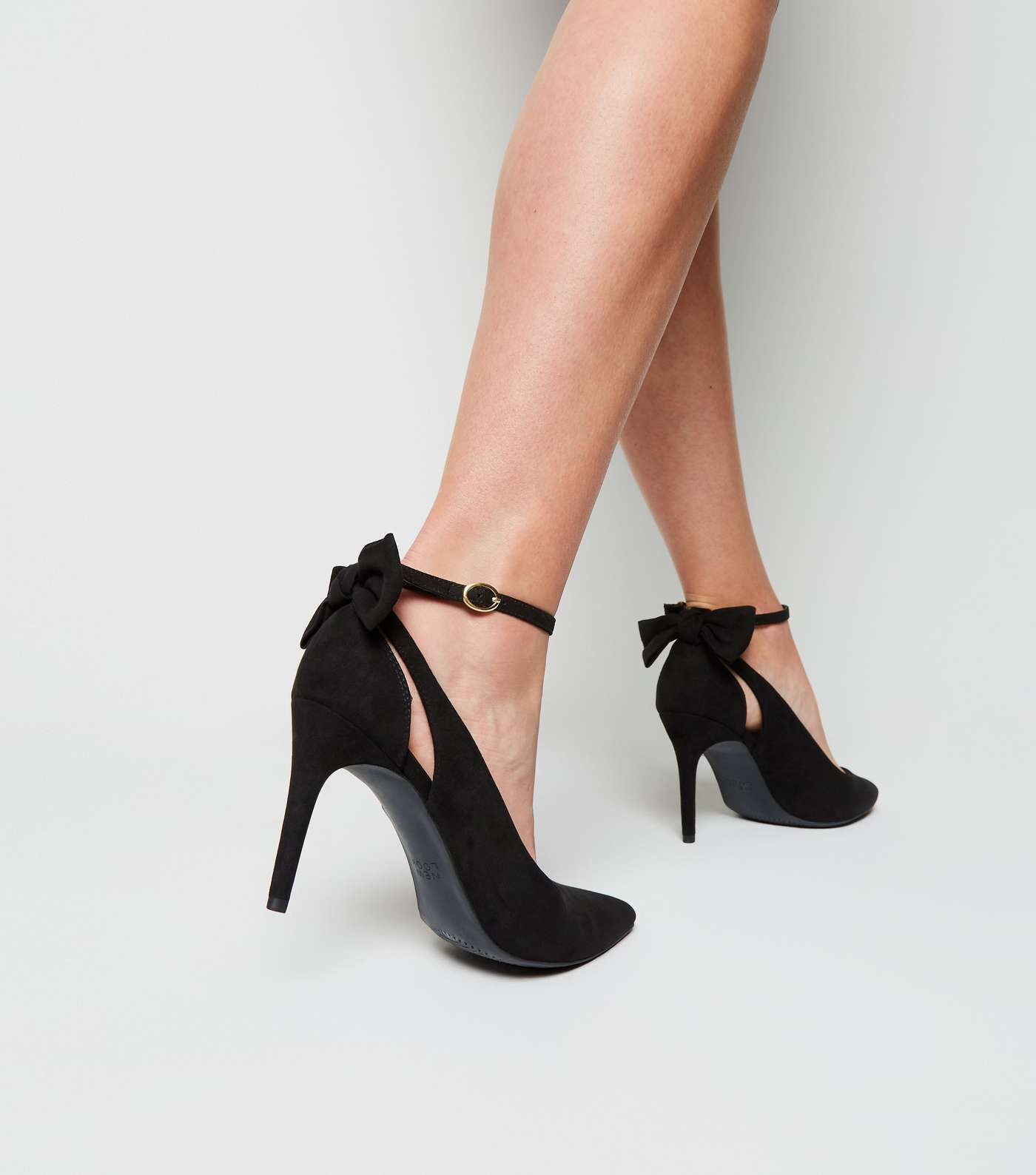 Black Suedette Bow Back Pointed Court Shoes Image 2