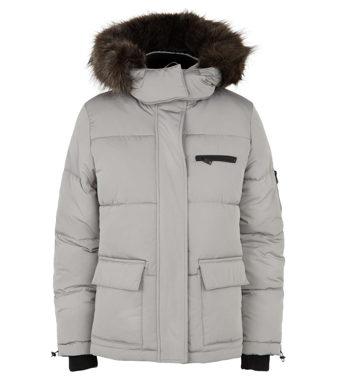 Pale Grey Faux Fur Short Puffer Jacket Image 4