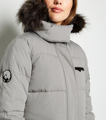 womens grey puffer jacket with fur hood