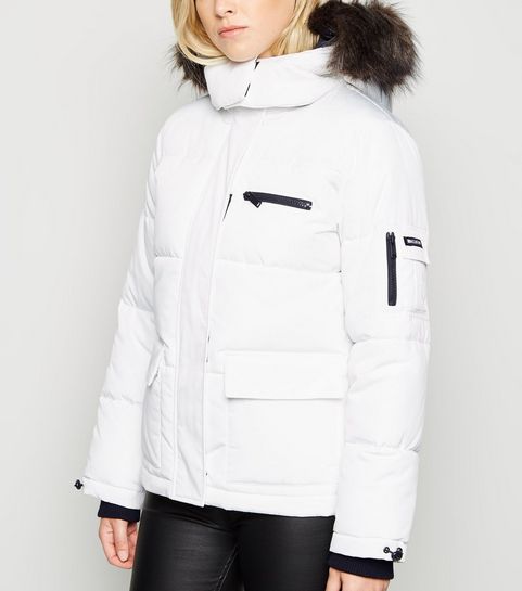 White Faux Fur Trim Short Puffer Jacket