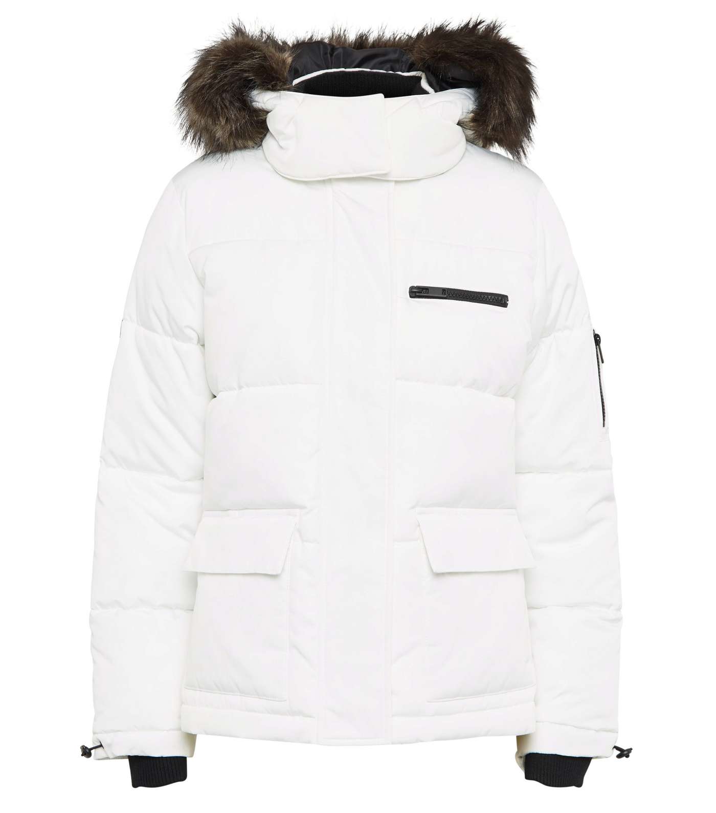 White Faux Fur Trim Short Puffer Jacket Image 4