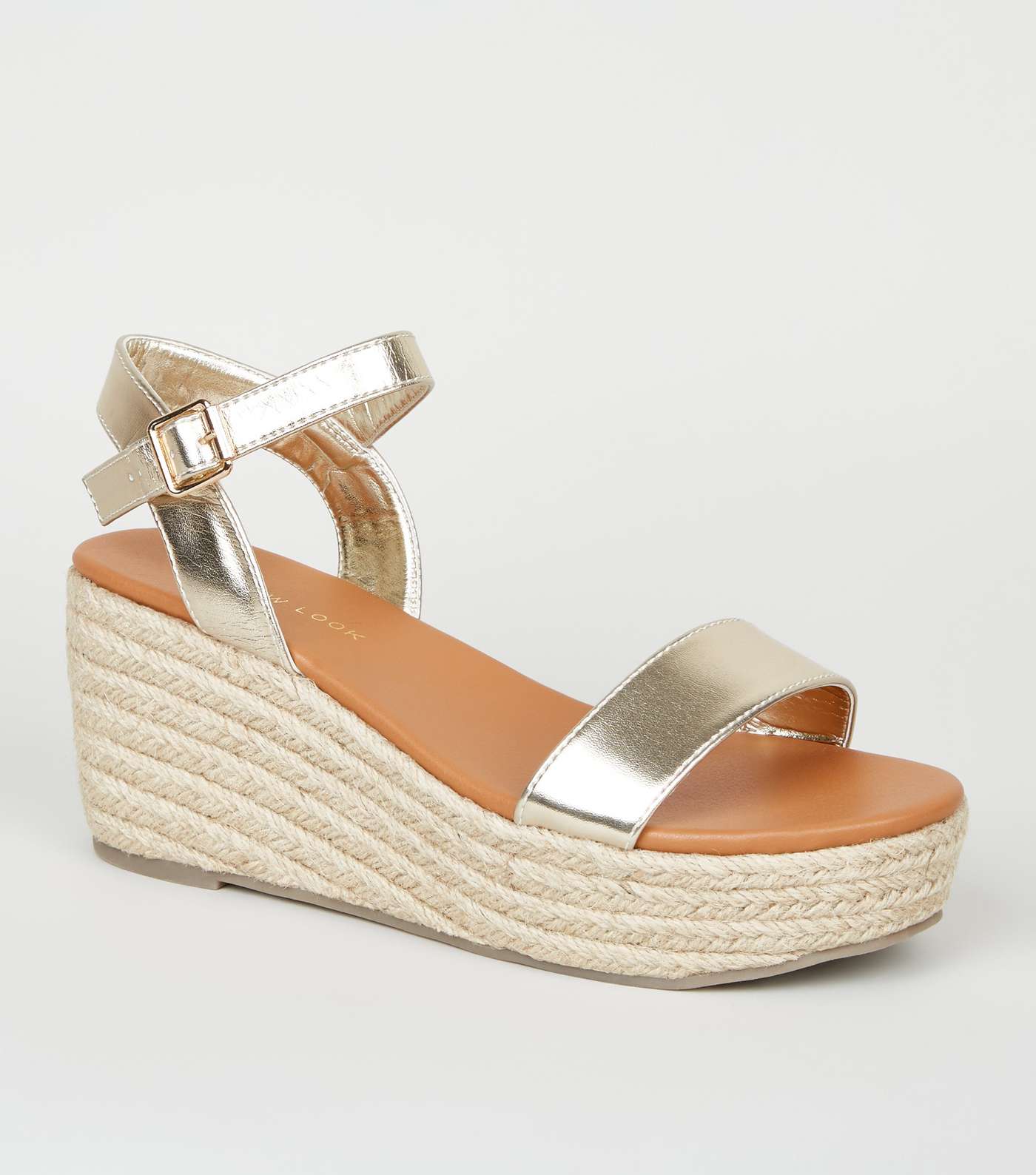 Wide Fit Gold Leather-Look Espadrille Sandals