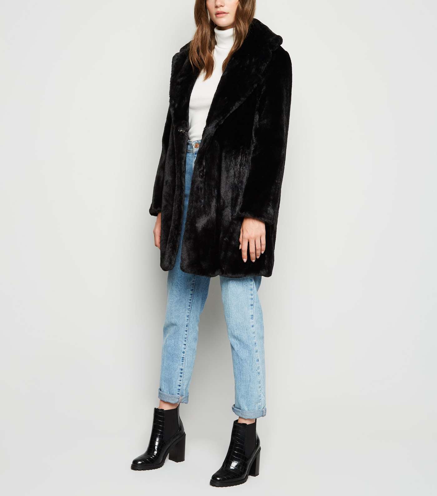 Black Faux Fur Longline Coat Image 2