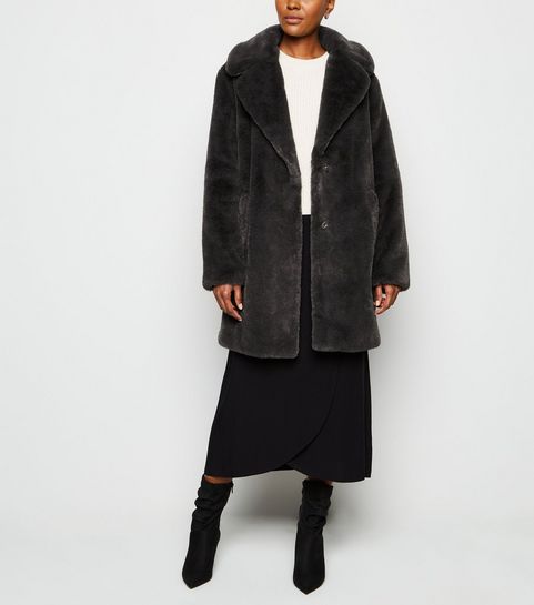 Dark Grey Faux Fur Longline Coat