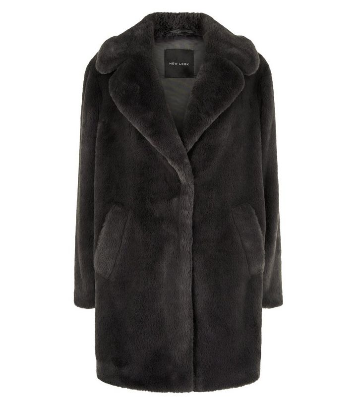Dark Grey Faux Fur Longline Coat New Look, Reiss Lexington Faux Fur Coat