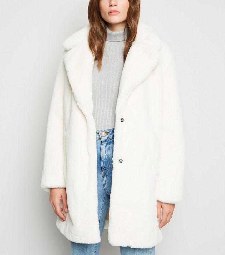 White Faux Fur Longline Coat New Look, New Look Faux Fur Coat In Cream