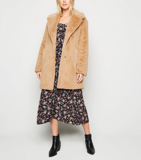 Camel Faux Fur Longline Coat