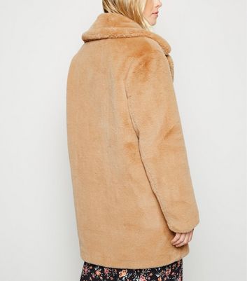 camel faux fur longline coat