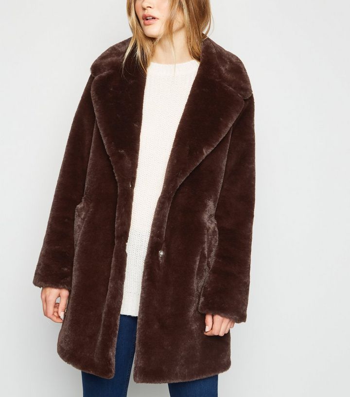 Dark Brown Faux Fur Longline Coat New, Dark Brown Fur Coat Womens