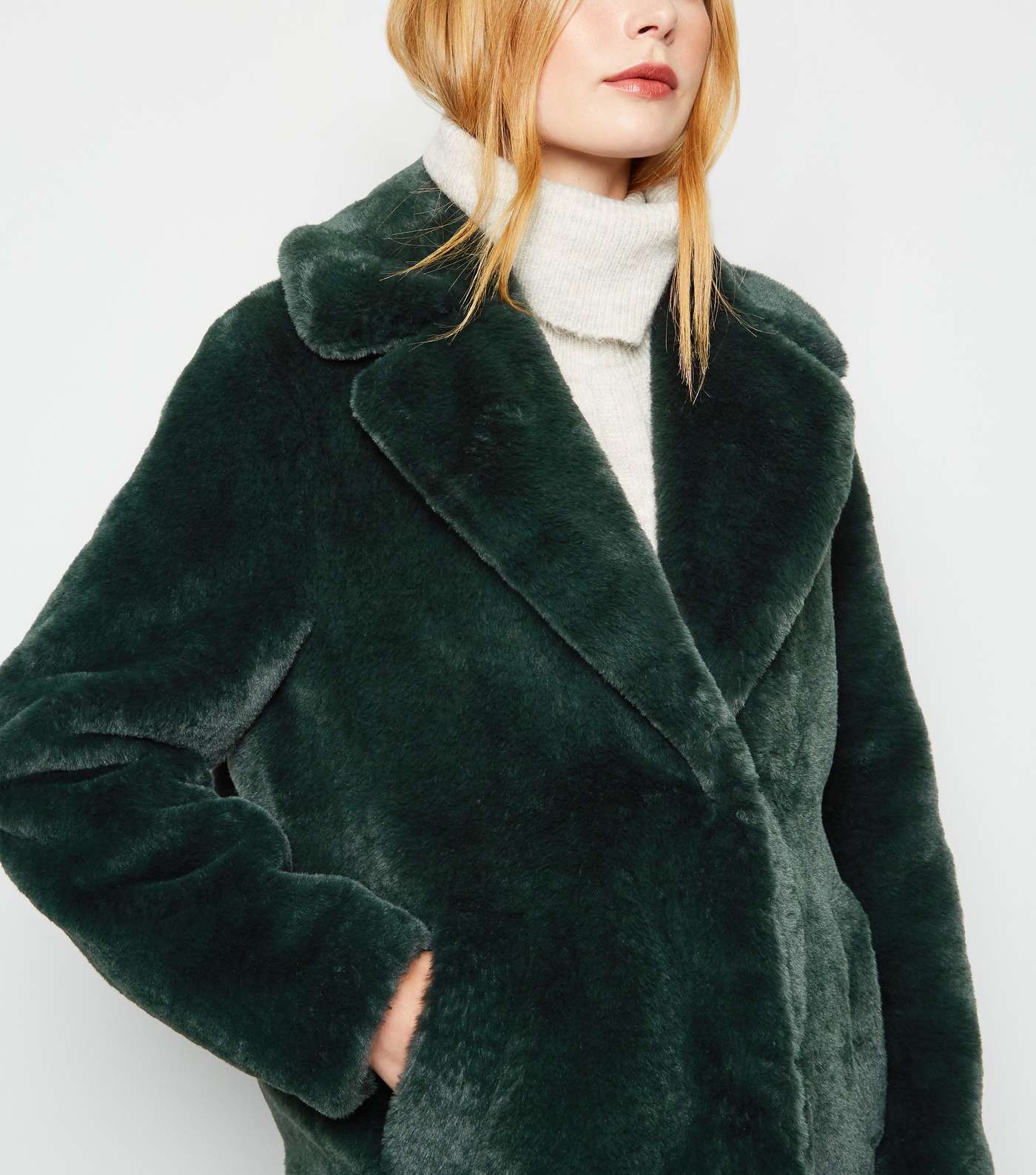 Dark Green Faux Fur Longline Coat Image 3