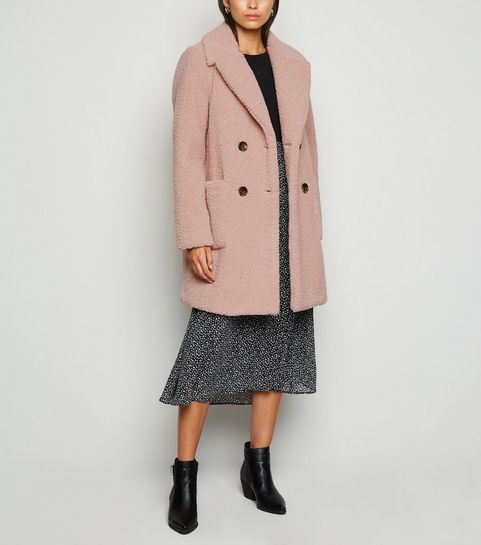 Pale Pink Double Breasted Longline Teddy Coat