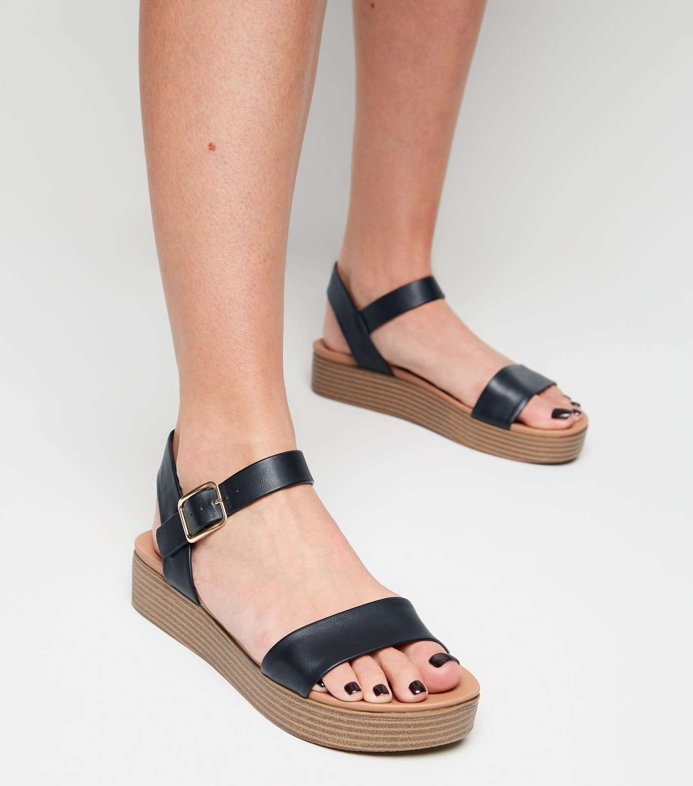 Black Leather-Look Flatform Footbed Sandals Image 2