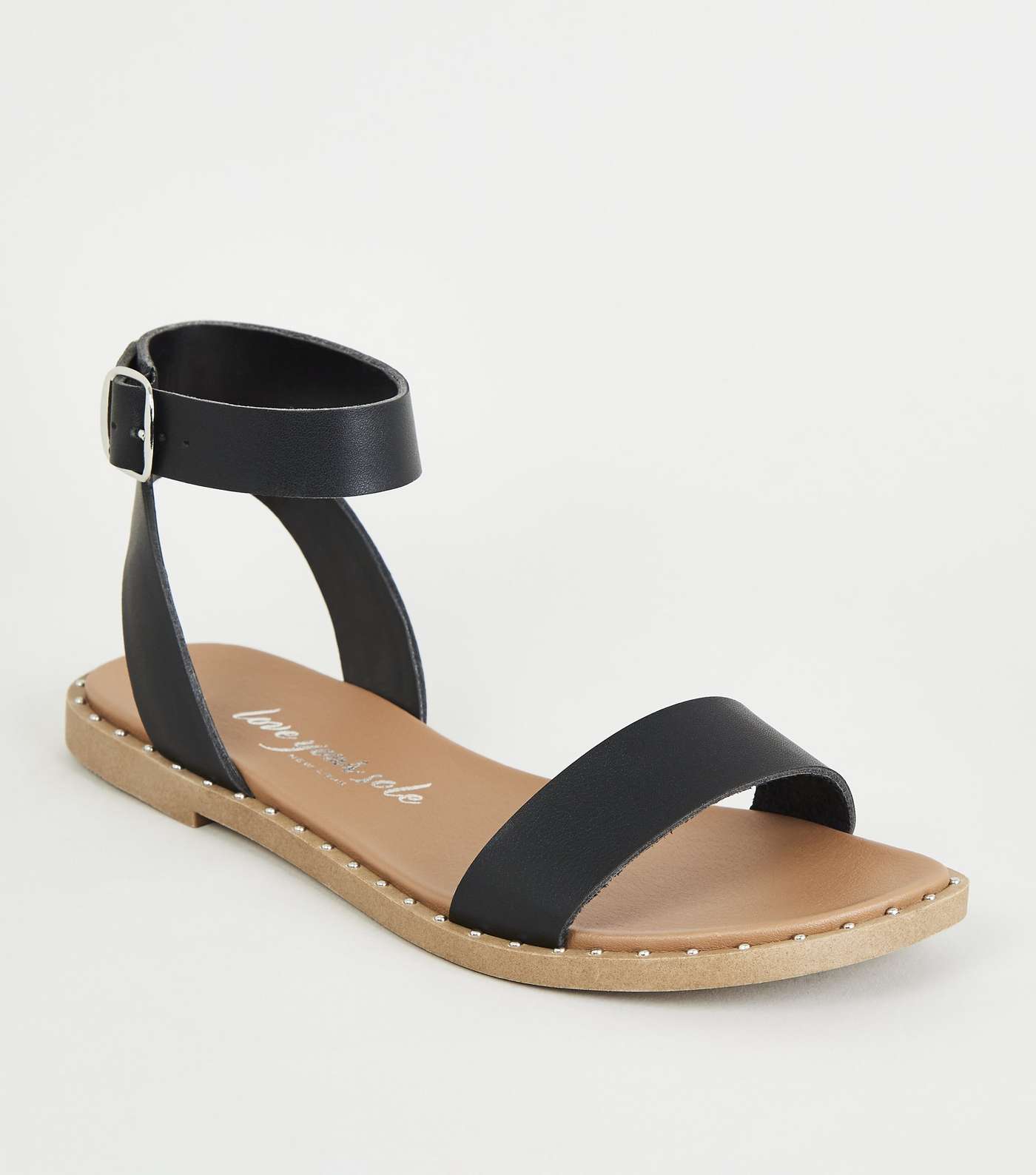 Black Leather-Look Studded Sole Footbed Sandals