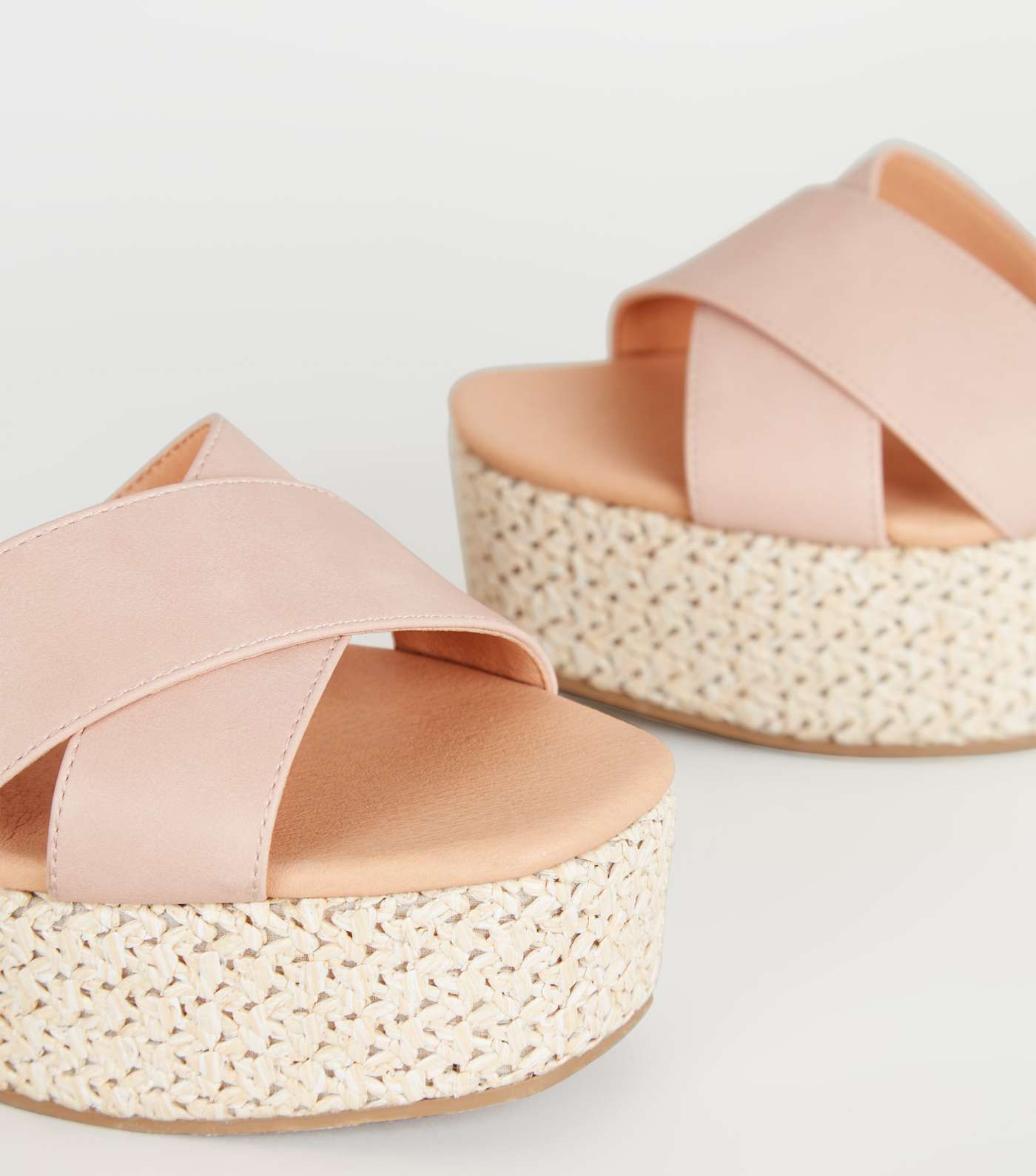Pale Pink Cross Strap Woven Flatform Sandals Image 3