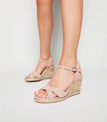 Wide Fit Nude Suedette Cork Wedge Heels 