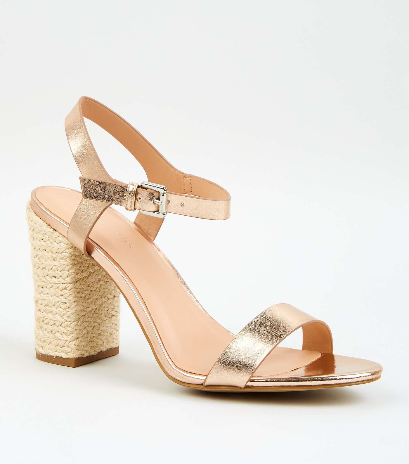 Rose Gold Leather-Look Block Heel Sandals