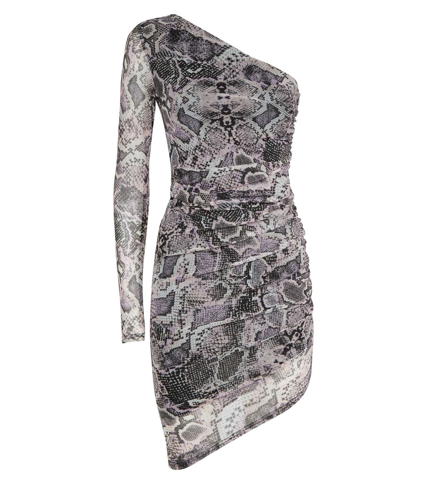 Light Grey Snake Print One Shoulder Mesh Dress  Image 4