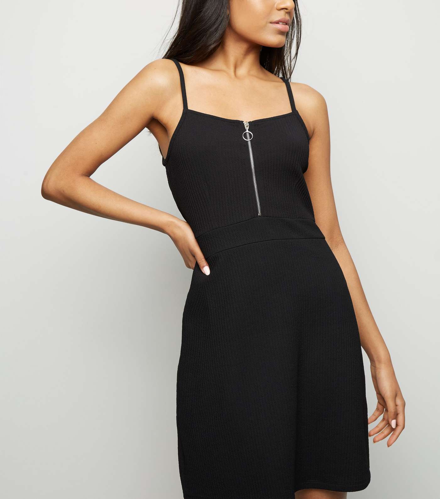 Petite Black Textured Zip Front Pinafore Dress  Image 2
