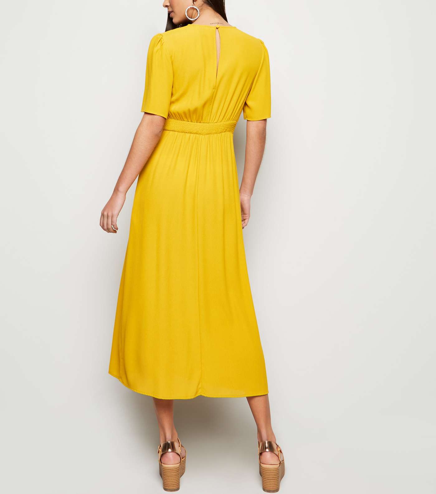 Mustard Side Split Short Sleeve Midi Dress Image 2