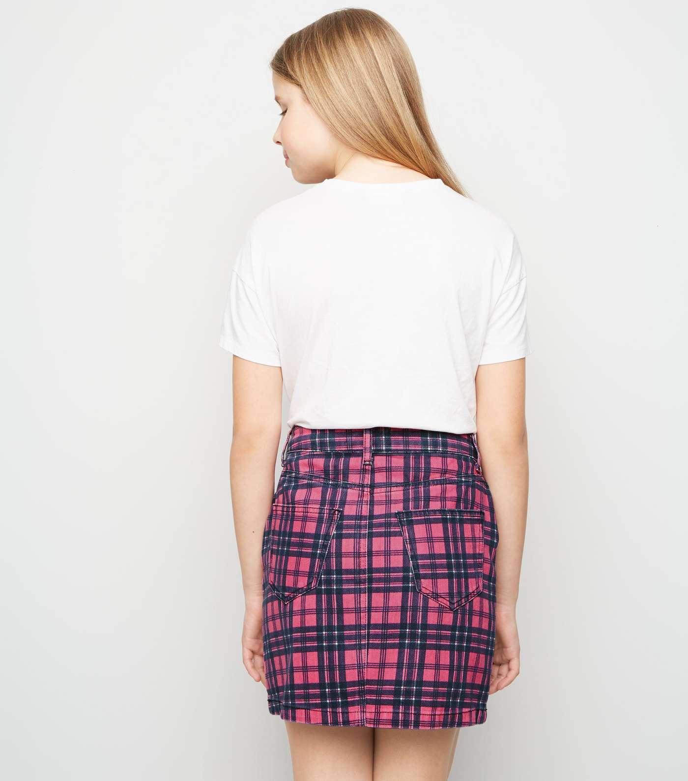 Girls Pink Check Denim Skirt Image 3