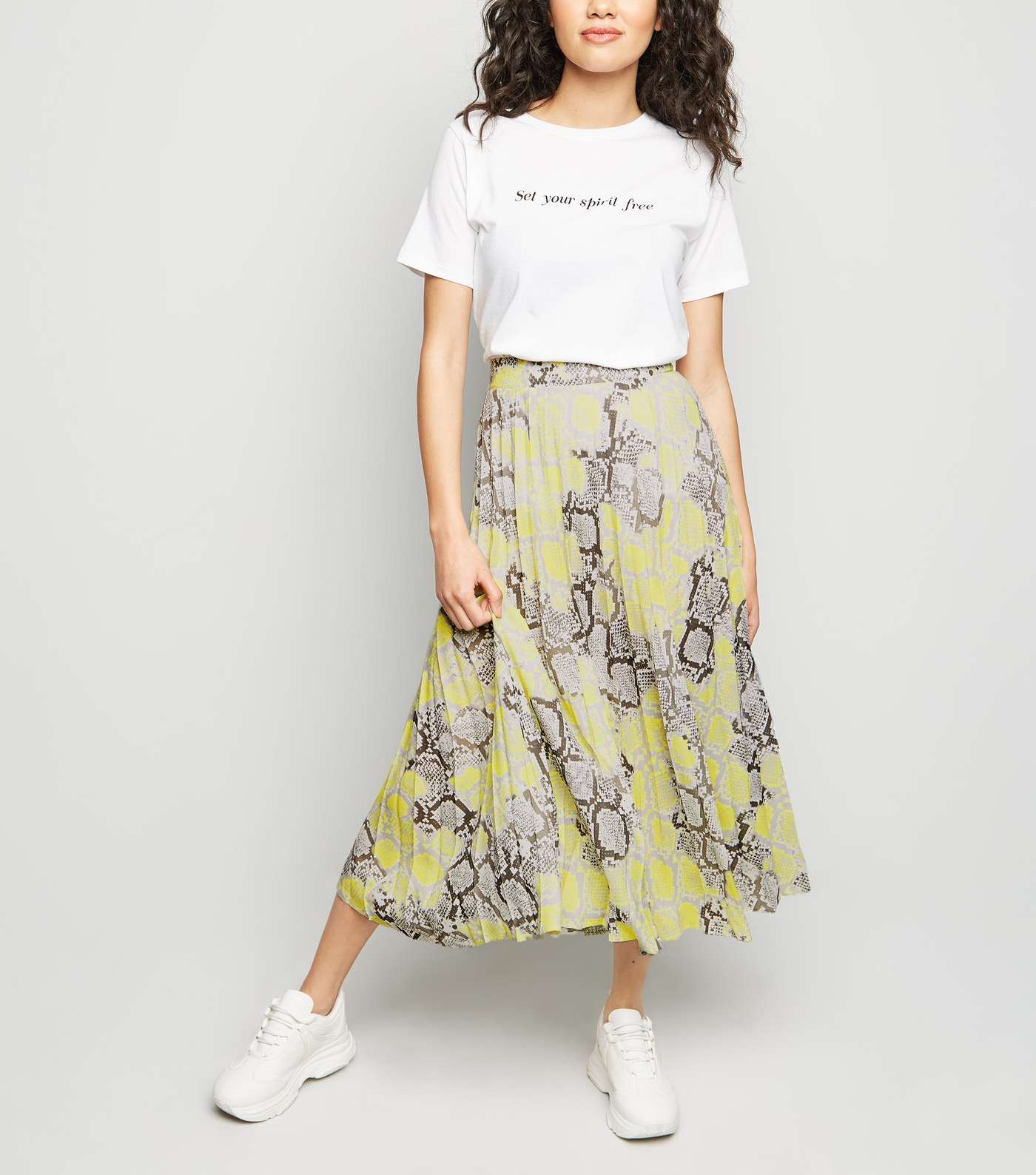 Petite Yellow Neon Snake Print Pleated Midi Skirt 