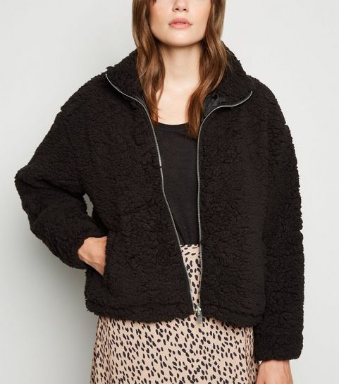 Black High Neck Teddy Jacket 