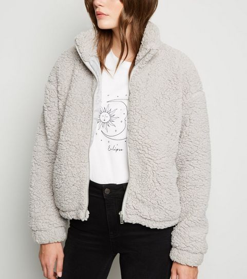 Pale Grey High Neck Teddy Jacket 