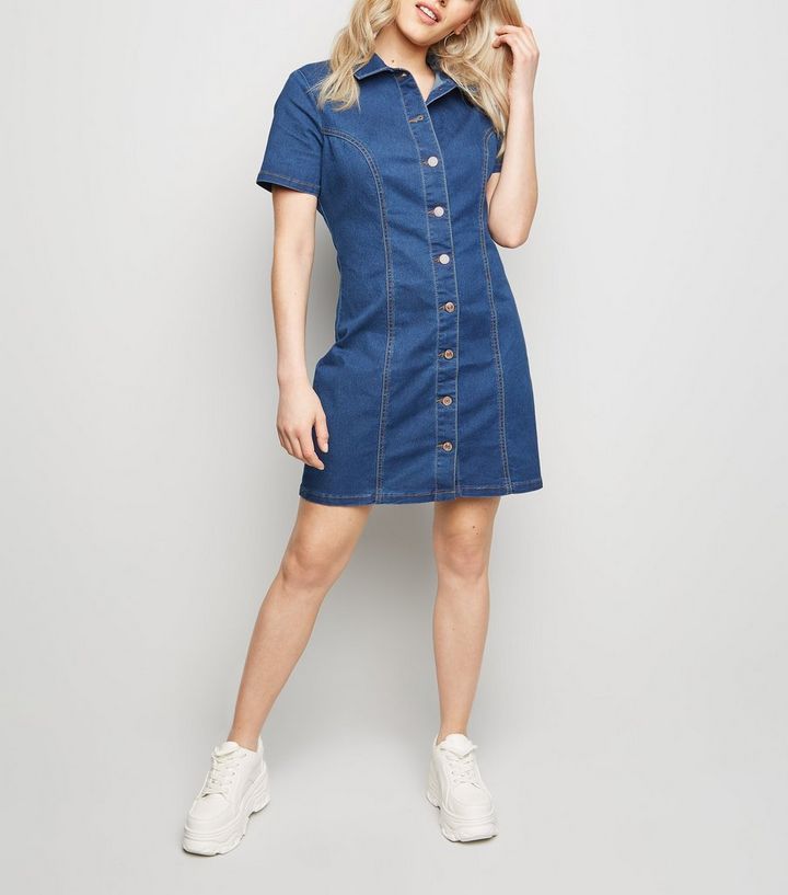 Petite Blue Button Front Denim Dress New Look