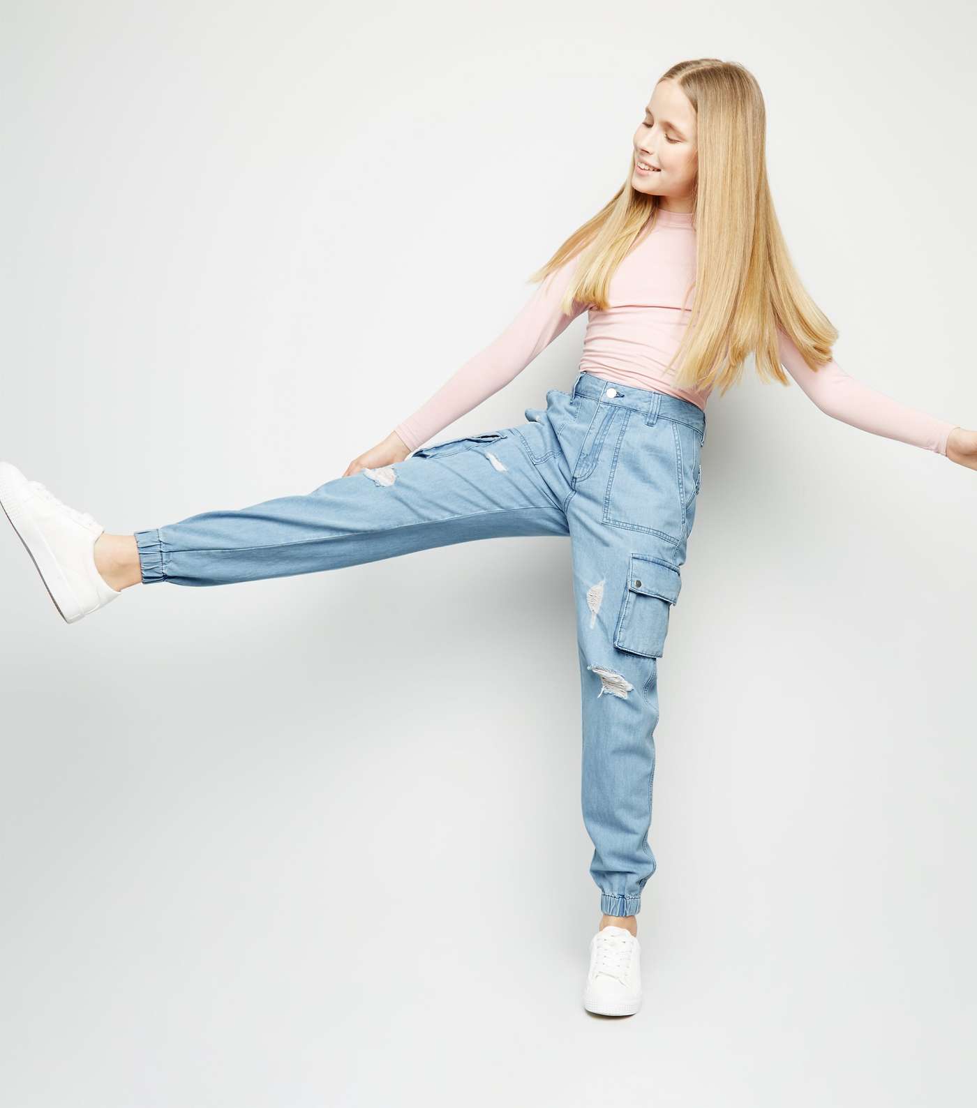 Girls Pale Blue Ripped Denim Utility Trousers 