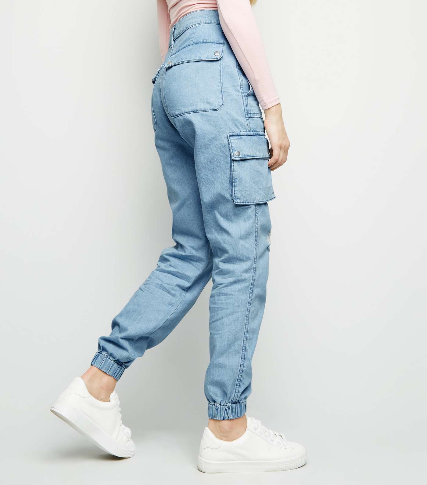 Girls Pale Blue Ripped Denim Utility Trousers  Image 3