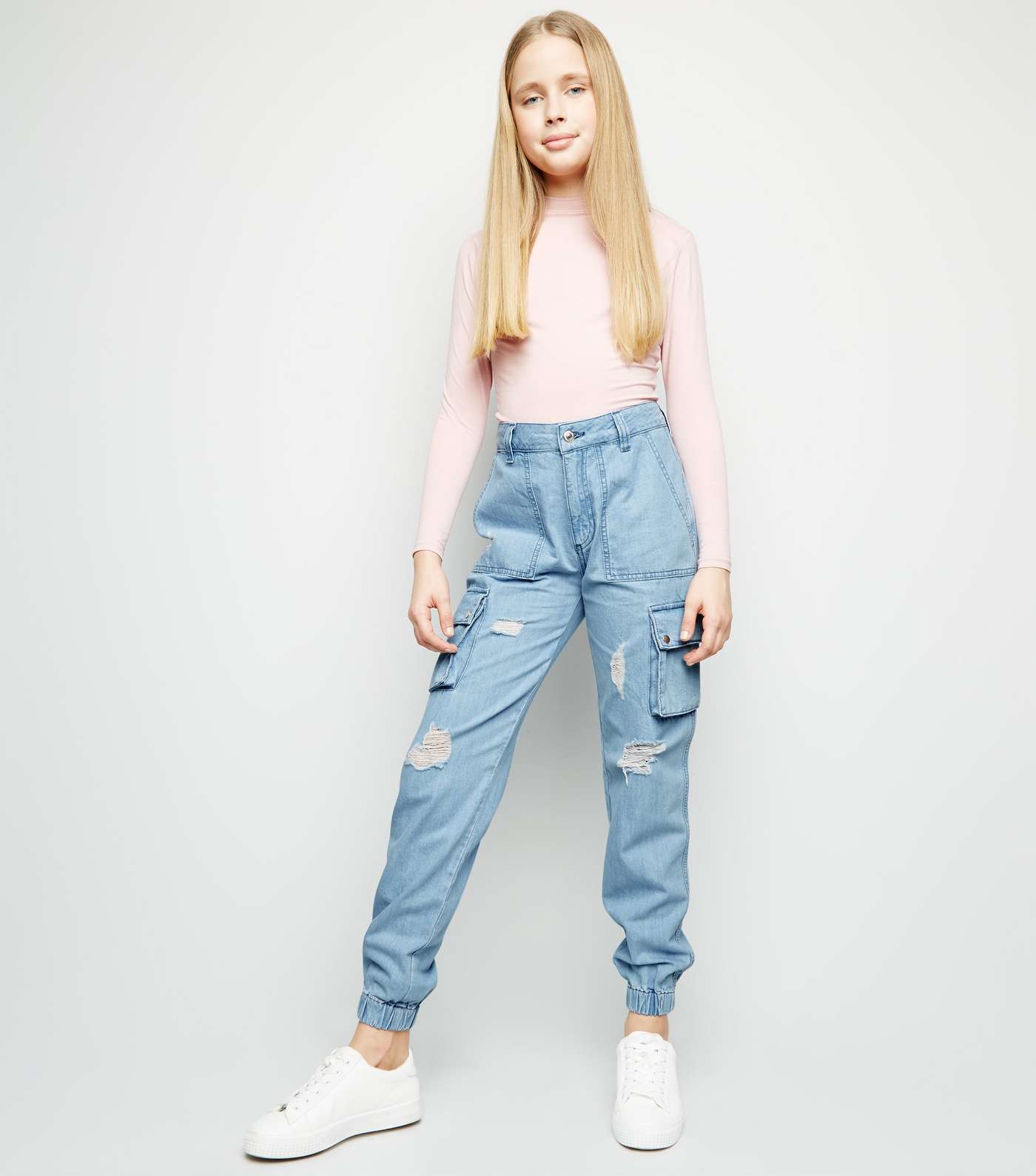 Girls Pale Blue Ripped Denim Utility Trousers  Image 5